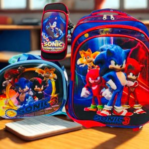 Set Escolar Trío Sonic the Hedgehog – Mochila (3 Cierres), Lonchera y Cartuchera