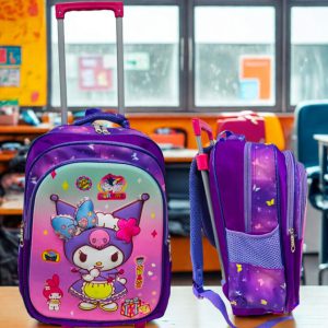 Mochila de Rodines Kuromi – 40cm con 3 Cierres y Ruedas de Goma