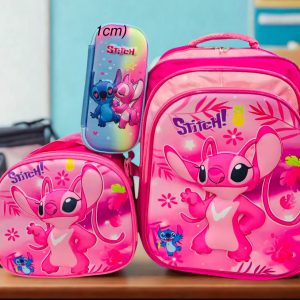 Set Escolar Trío Stitch y Angel – Mochila (3 Cierres), Lonchera y Cartuchera