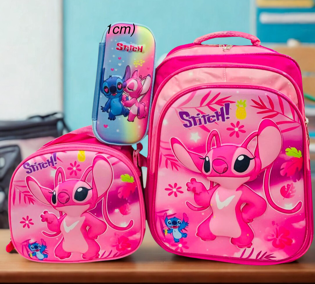 Set Escolar Trío Stitch y Angel – Mochila (3 Cierres), Lonchera y Cartuchera