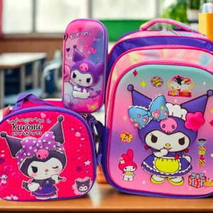 Set Escolar Trío Kuromi – Mochila (3 Cierres), Lonchera y Cartuchera