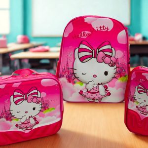 Combo Escolar Hello Kitty: Trío de Bolsos Infantiles (Bulto, Lonchera y Cartuchera)