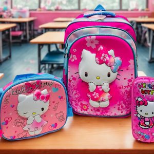 Combo Escolar Hello Kitty con Rodines - Bulto, Lonchera y Cartuchera.